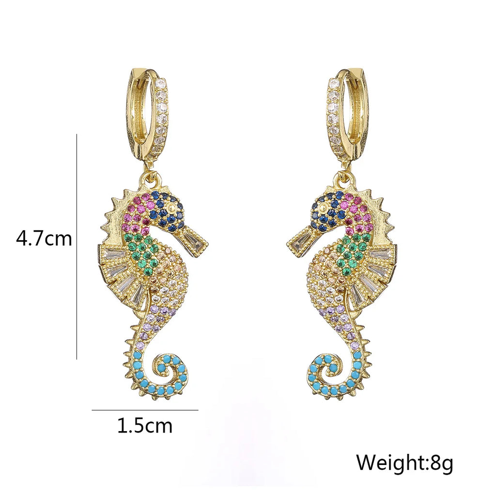 NEWBUY 2024 Trendy Colourful AAA CZ Zircon Inlay Seahorse Dangle Earrings For Women Party Jewelry