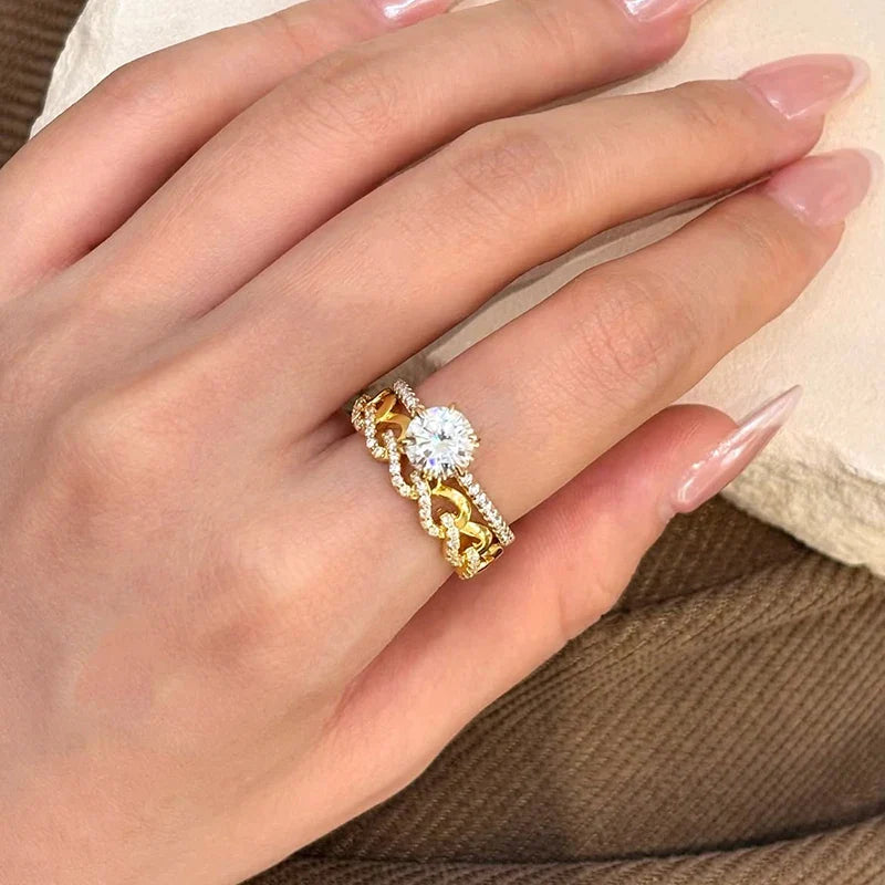 MINTYBOX 18K Yellow Gold D Moissanite Rings for Women Handmade 6.5mm S925 Silver Round Shape Engagement Ring Gift Fine Jewelry