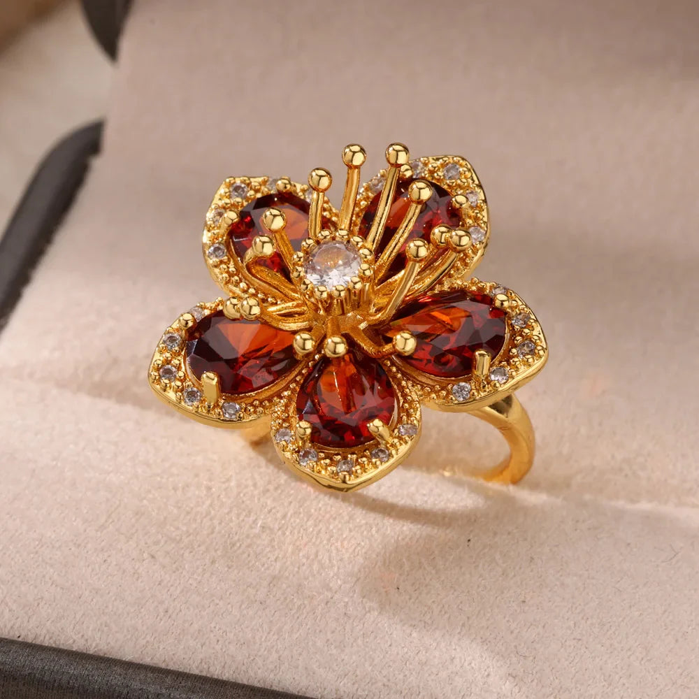 Stainless Steel Flower Big Open Rings For Women Gold Color Imitation Pearl Hollow Out Ring Trendy Aesthetic Jewerly Gifts