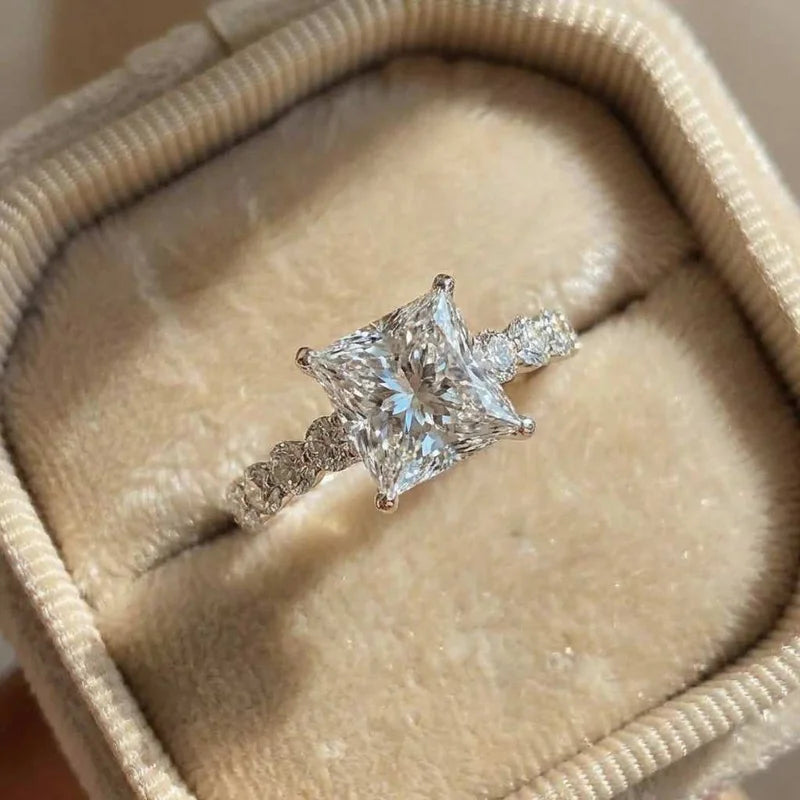 925 Sterling Silver Eternity Princess Square Cubic Zirconia Crystal Rings Women's Wedding Engagement Luxury Classic Lady Jewelry