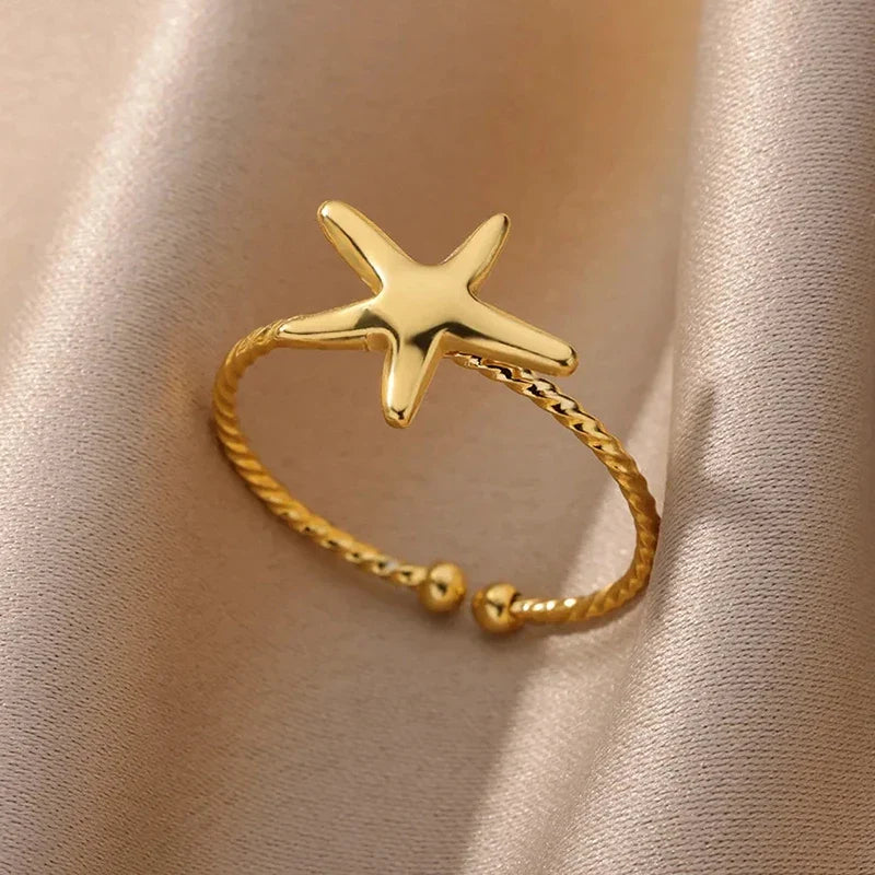 Stainless Steel Flower Rings for Women Gold Color Shell Starfish Multi Layer Hollow Out Ring Fashion Charm Jewelry Wedding Gifts