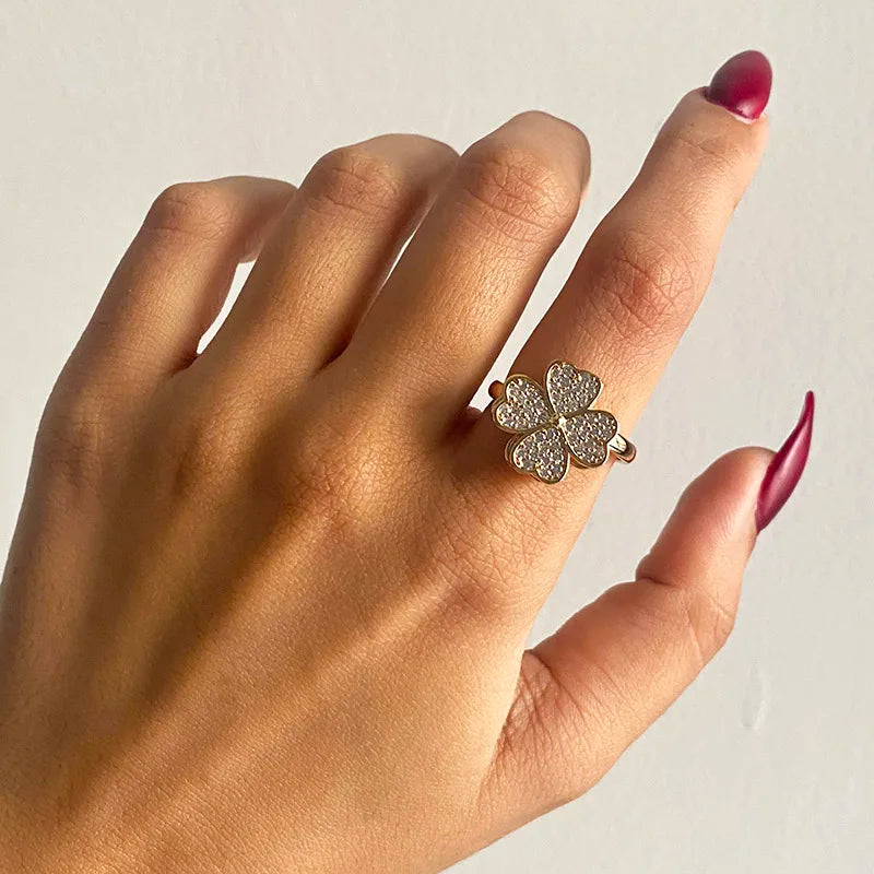 Zircon Rotatable Four Leaf Clover Anxiety Rings For Women Stainless Steel Anti-Stress Fidget Spinner Ring Aesthetic Jewelry Gift