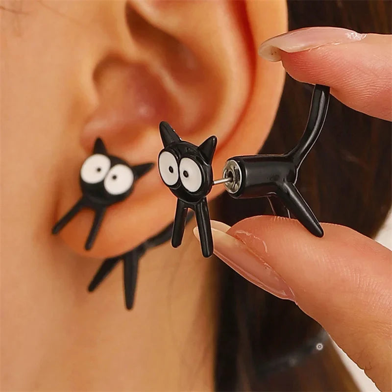 Black Color Cat Design Earrings Stud Trendy Ins Girls Cute Women Earring Animal Design Black Painting