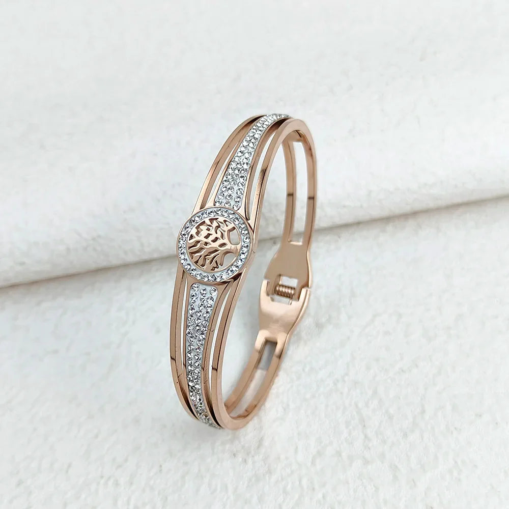 Luxury Stainless Steel Tree of Life Bangle for Women Men Crystal Zircon Bracelet Silver Gold Color Wrist Jewelry Accessories
