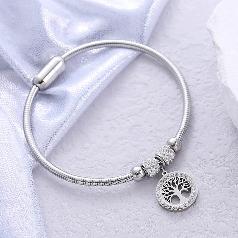 Luxury Stainless Steel Tree of Life Bangle for Women Men Crystal Zircon Bracelet Silver Gold Color Wrist Jewelry Accessories