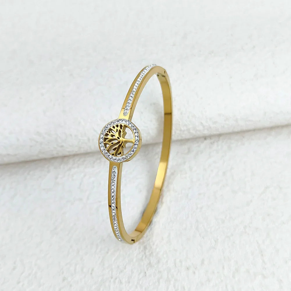 Luxury Stainless Steel Tree of Life Bangle for Women Men Crystal Zircon Bracelet Silver Gold Color Wrist Jewelry Accessories