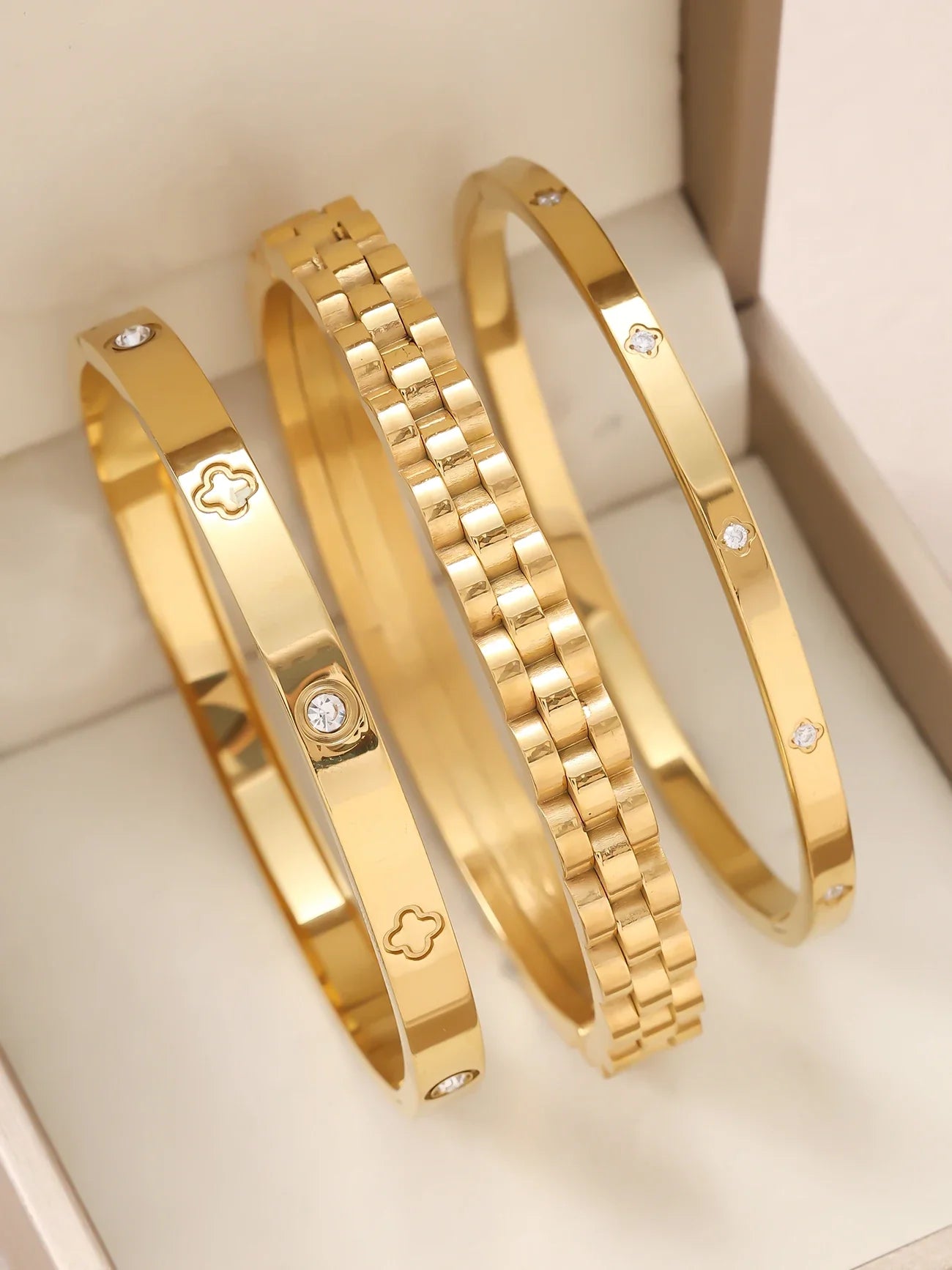 1pc 18K Gold Plated Stainless Steel Stackable Bracelet With Chain And Clover Design, Fashion Style For Women, Suitable For Casua