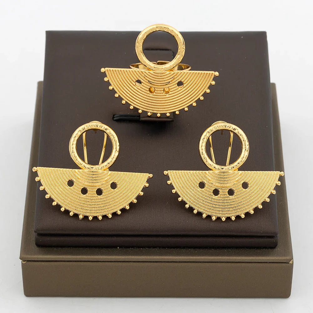 New Design Earrings Jewelry Set for Women Fashion 18k Gold Plated Copper Resizable Ring and Earrings for Dubai Retro Jewelry