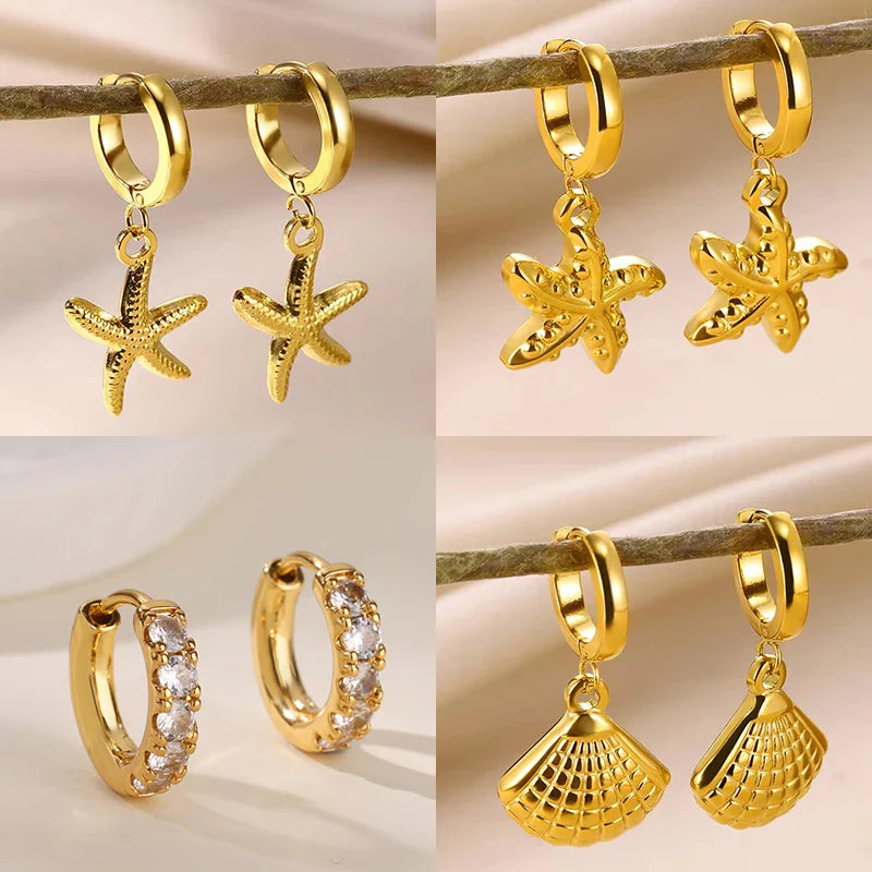 Vintage Starfish Shell Hoop Earrings For Women Gold Color Stainless Steel Ocean Shell Earring Waterproof Wedding Jewelry Gift