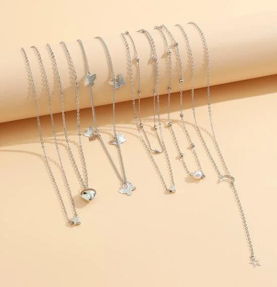 11 Pcs Women's Zircon Necklace Set Gold Color Fashion Love Heart Butterfly Pendant Hypoallergenic Neck Chain Boho Jewelry Gifts