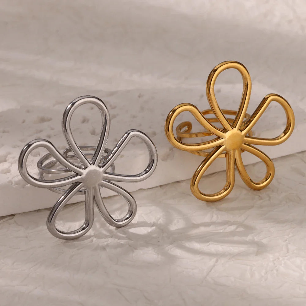 Stainless Steel Hollow Flower Open Rings for Women Trendy Aesthetic Wedding Couple Ring Femme Jewelry Accessories Gift anillos
