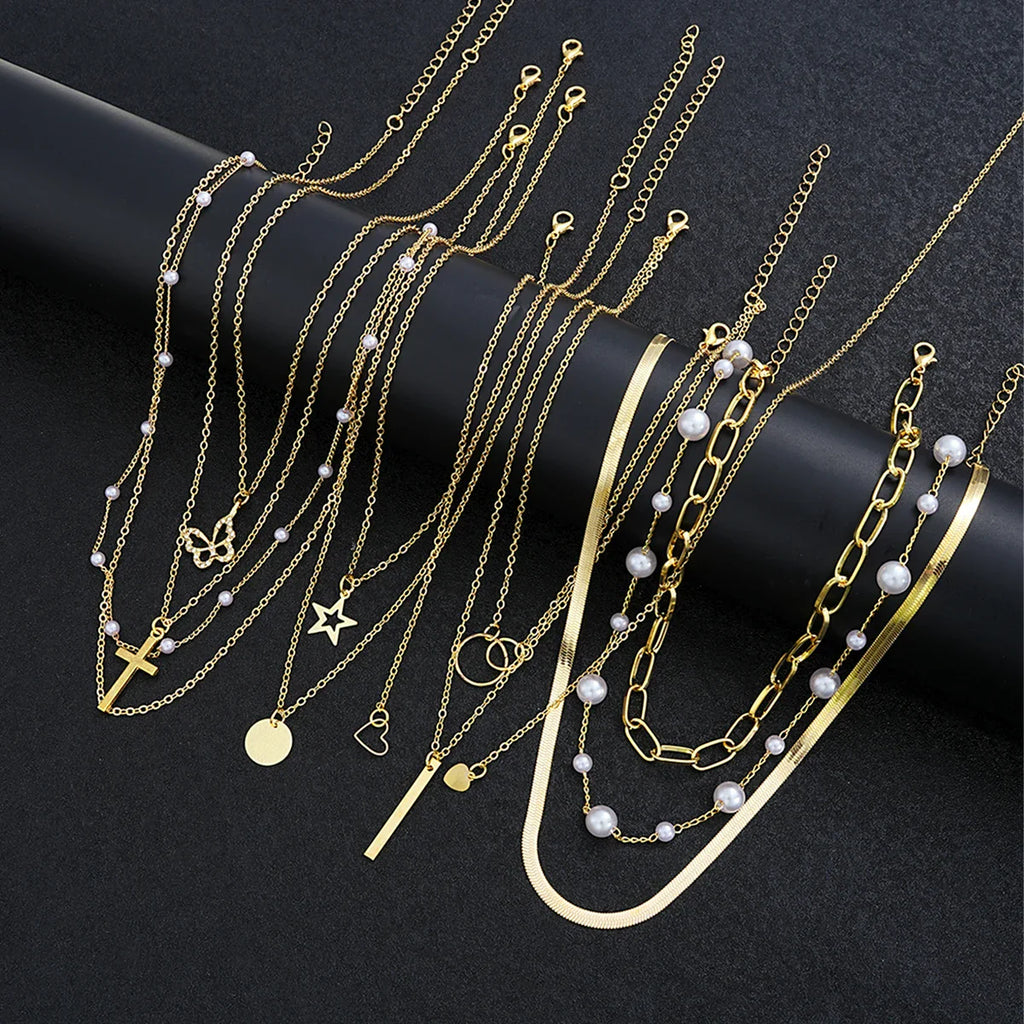 11 Pcs Simple Pearl Choker Necklaces Set for Women Fashion Layered Chain Star Cross Heart Pendant Charms Necklace Jewelry Gifts