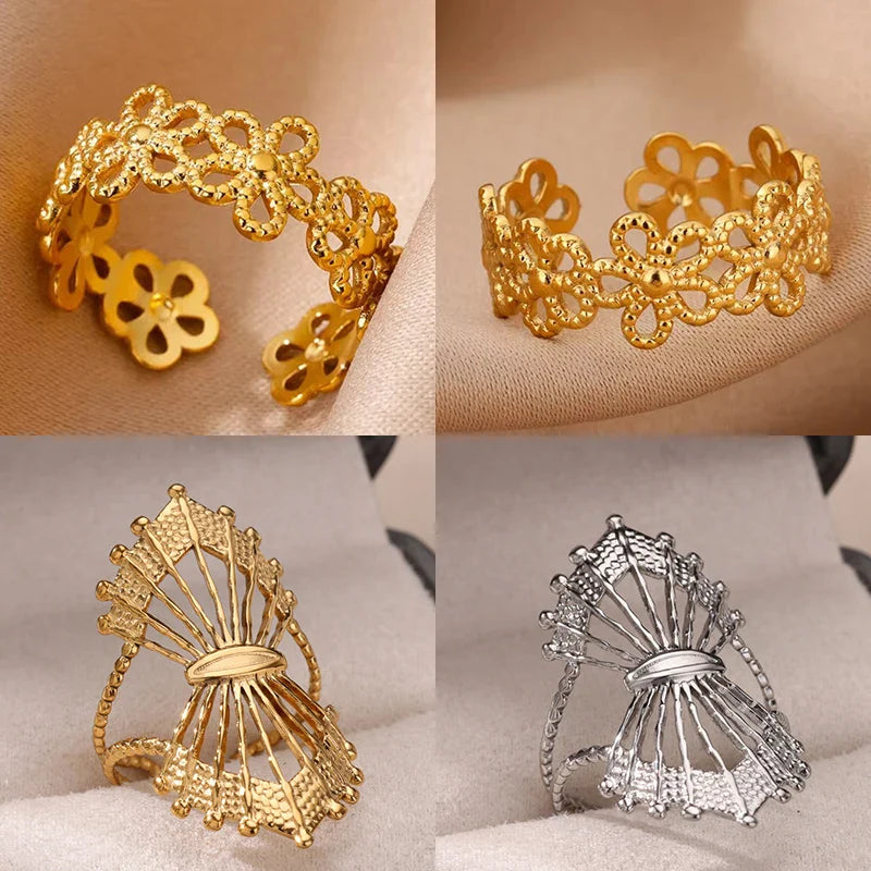 Hollow Flower Rings For Women Gold Color Stainless Steel Adjustable Multi-layer Flower Ring Wedding Aesthetic  Jewelry Gift
