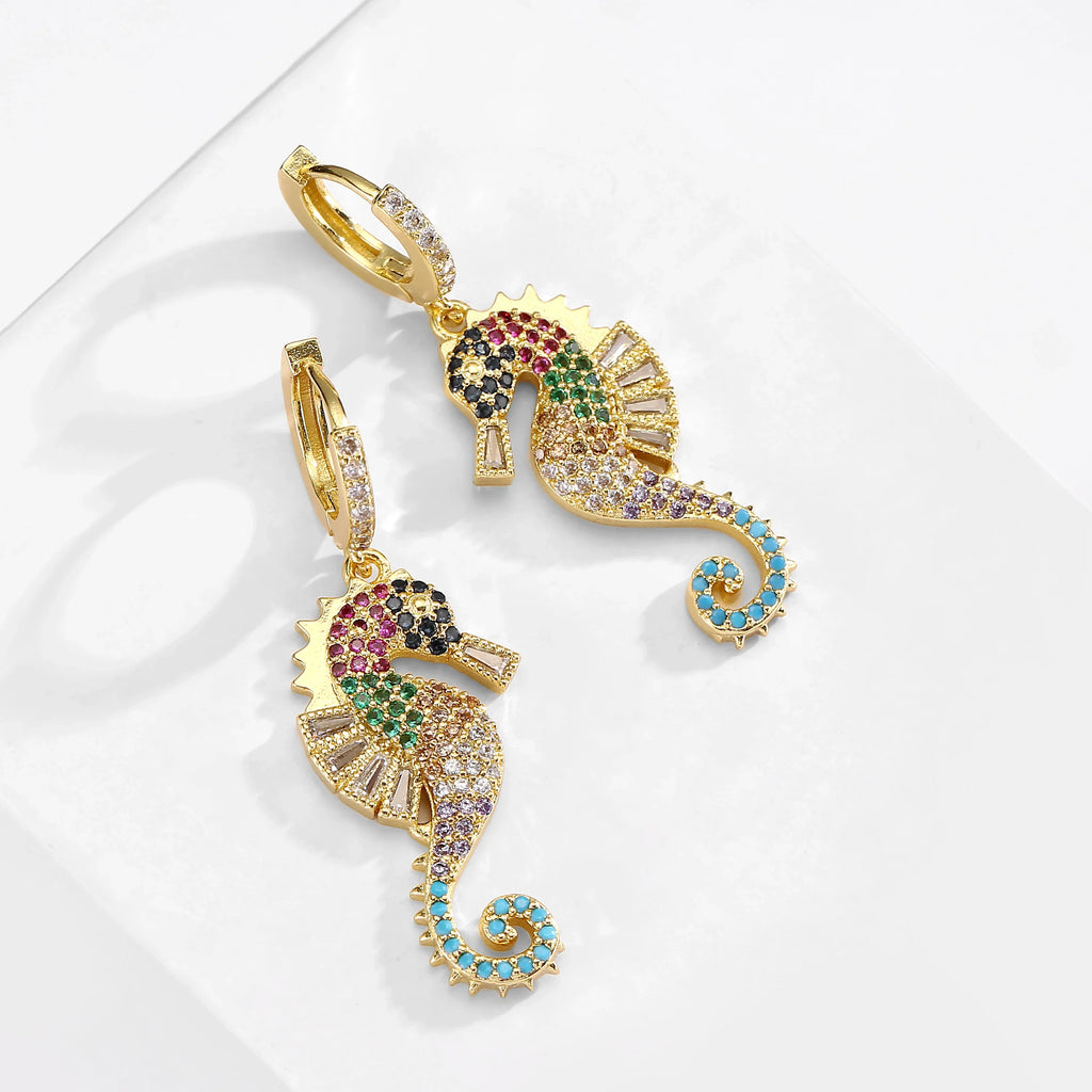NEWBUY 2024 Trendy Colourful AAA CZ Zircon Inlay Seahorse Dangle Earrings For Women Party Jewelry