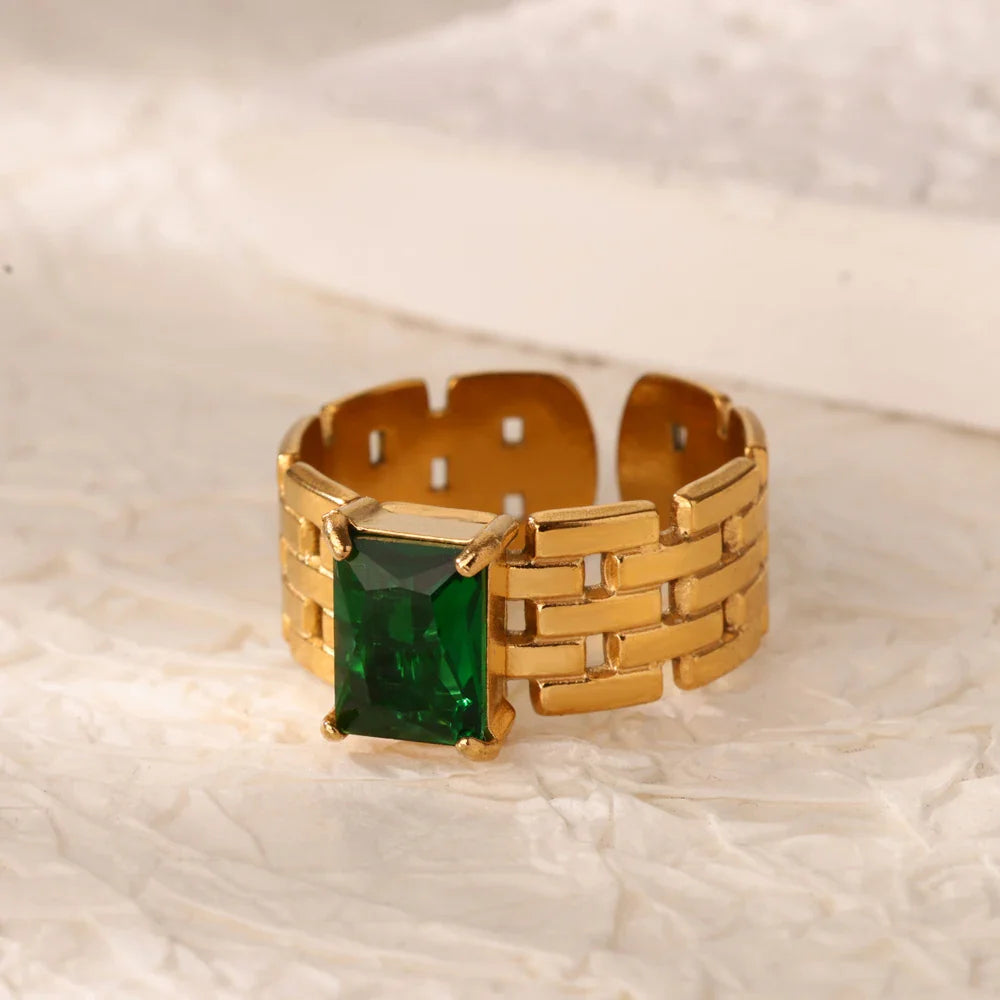 Green Cubic Zircon Heart Rings For Women Vintage Gold Color Stainless Steel Open Ring Fashion Aesthetic Jewelry Wedding Gift