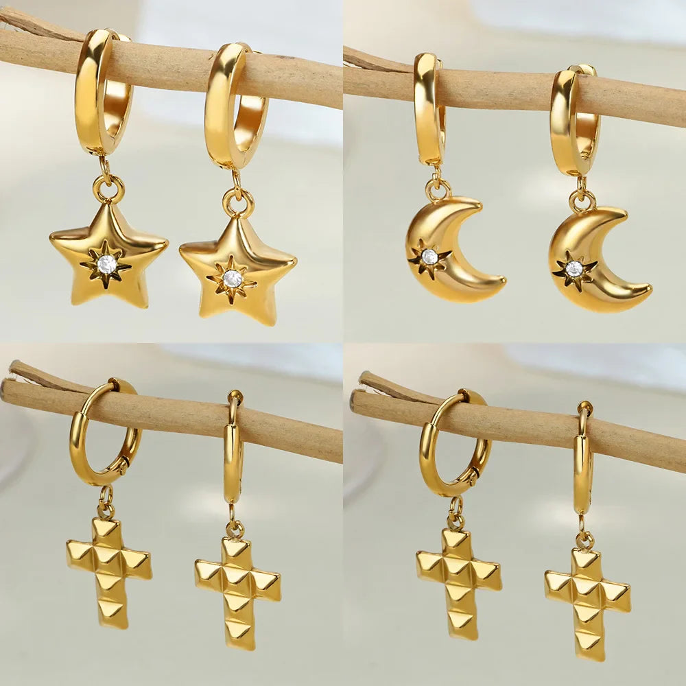 Vintage Gold Color Heart Hoop Earrings For Women Stainless Steel Geometric Piercing Earring Luxury Zircon Jewelry Wedding Gift