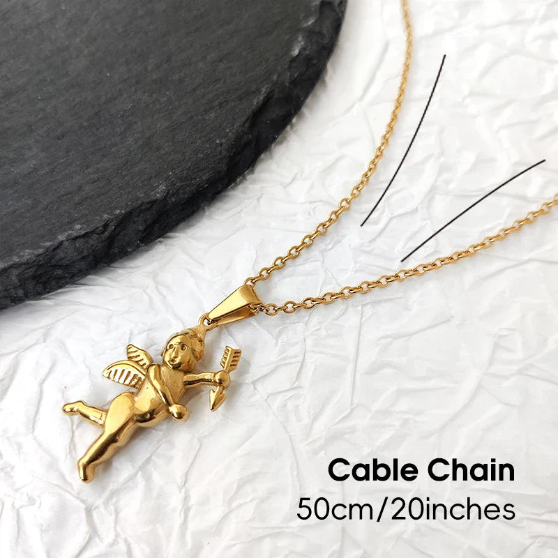 Vintage Stainless Steel Cupid Charm Pendant Necklace Waterproof 18K Gold Plated Necklace Unisex Jewelry Gift