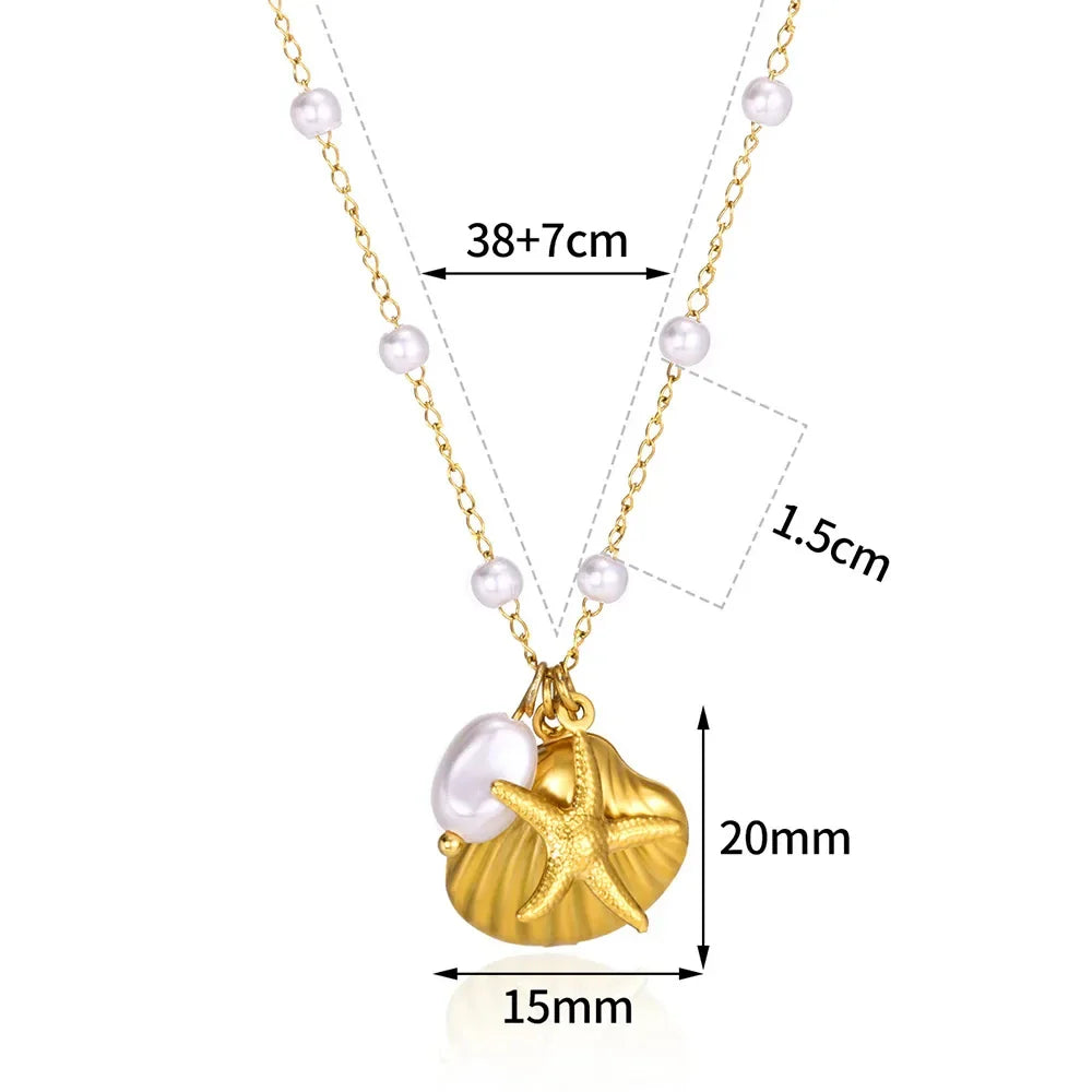 Vintage Starfish Shell Pearl Necklace For Women Gold Color Stainless Steel Pendant Shell Necklace Aesthetic  Summer Jewelry Gift