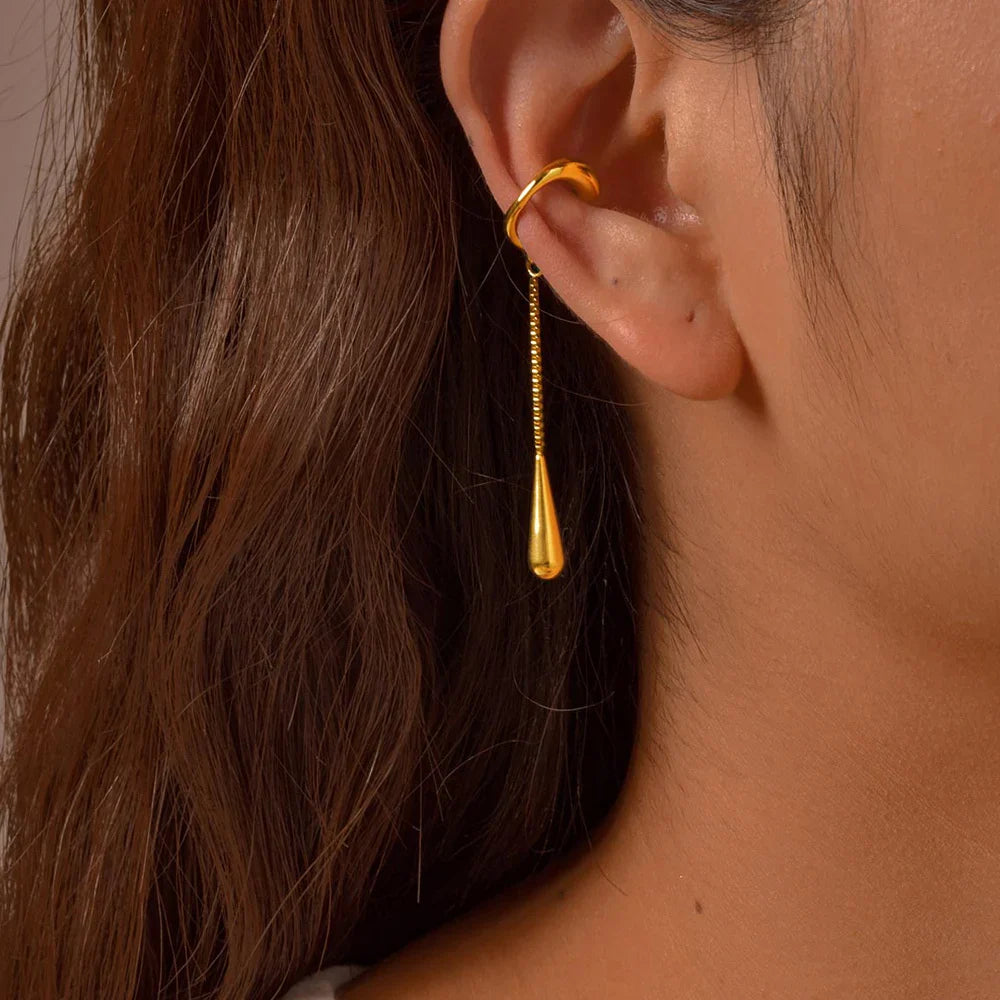 C-shaped Metal Teardrop Tassel Ear Cuff Clip Earrings for Women 1piece, No Piercings, Ear Cartilage Clips