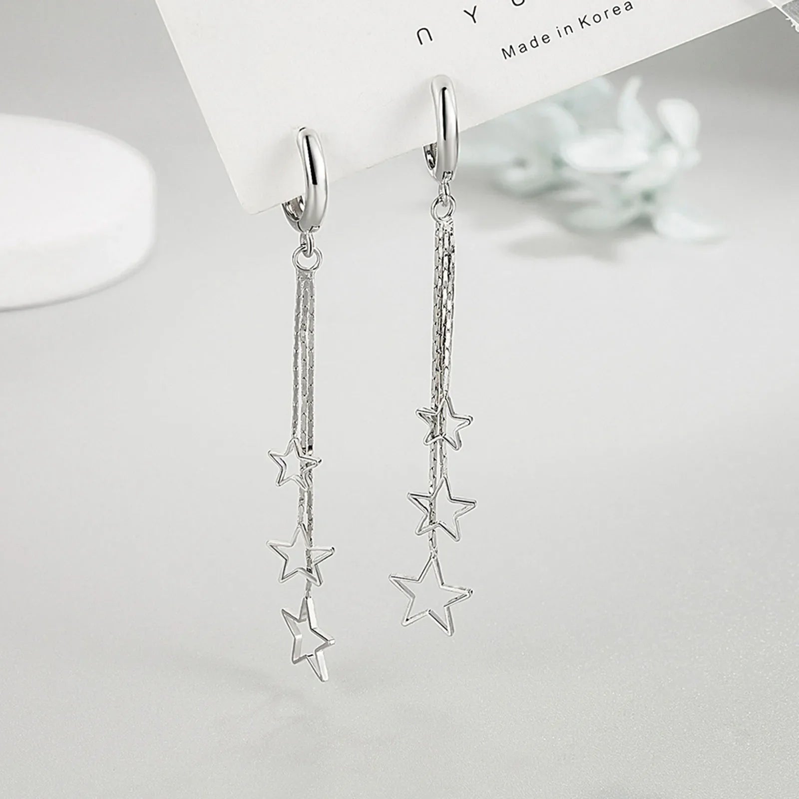 Elegant Popular Three Stars Hoop Earrings For Women 925 Sterling Silver Party Jewelry Beautiful Long Tassel EarringElegant
