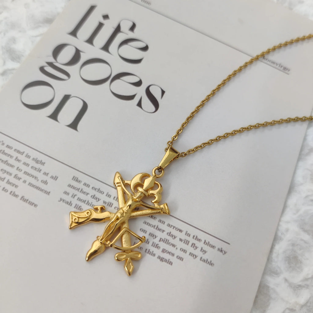 Men's Jesus Cross Necklace 18K Gold Plated Stainless Steel Christian Gun Arrow Pendant Religious Jewelry Gift