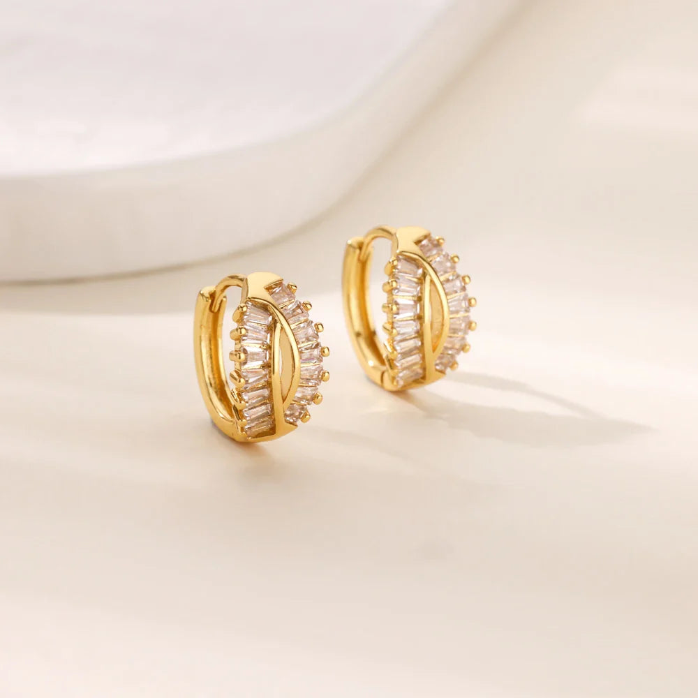 Cubic Zirconia Hoop Earrings For Women Luxury Crystal Zircon Gold Color Stainless Steel Earring Jewelry Wedding Party Gift