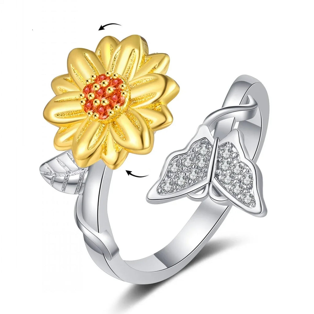 Sunflower Crystal Anxiety Relief Spinning Fidget Ring For Girls Rotate Freely Metal Copper Knuckle Ring Women'S Jewelry Gifts