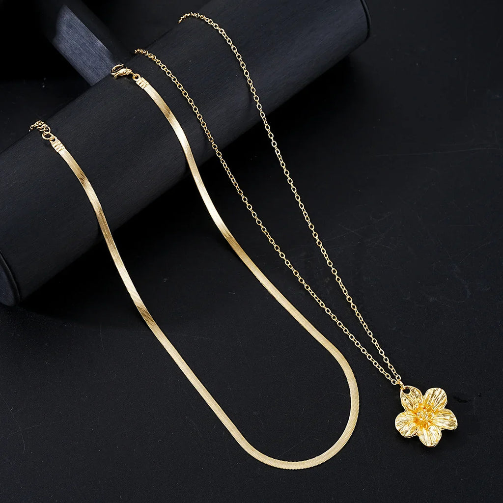 Stainless Steel Golden Flower Pendant Double layer Necklace Flat Snake Chain Lady New Waterproof Fashion Jewelry
