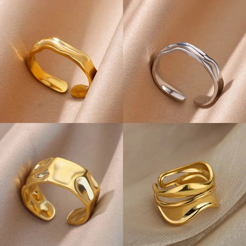 Stainless Steel Minimalist Texture Open Rings For Women Gold Color Wedding Aesthetic Ring Trendy Korean Style Accessories anillo