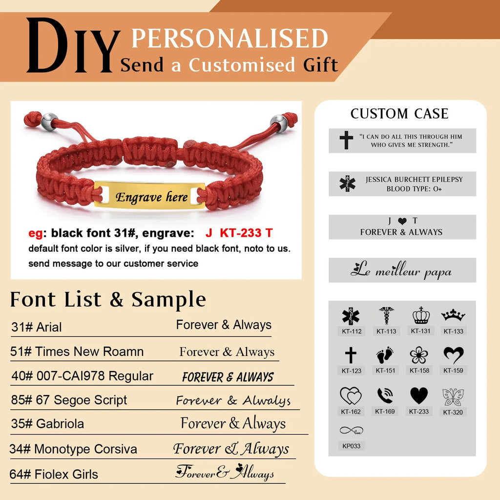 Personalized Name Bracelet for Girl Boy Child, Adjustable Braided Rope Custom ID Tag Bracelet, Engrave Birthday Christmas Gift