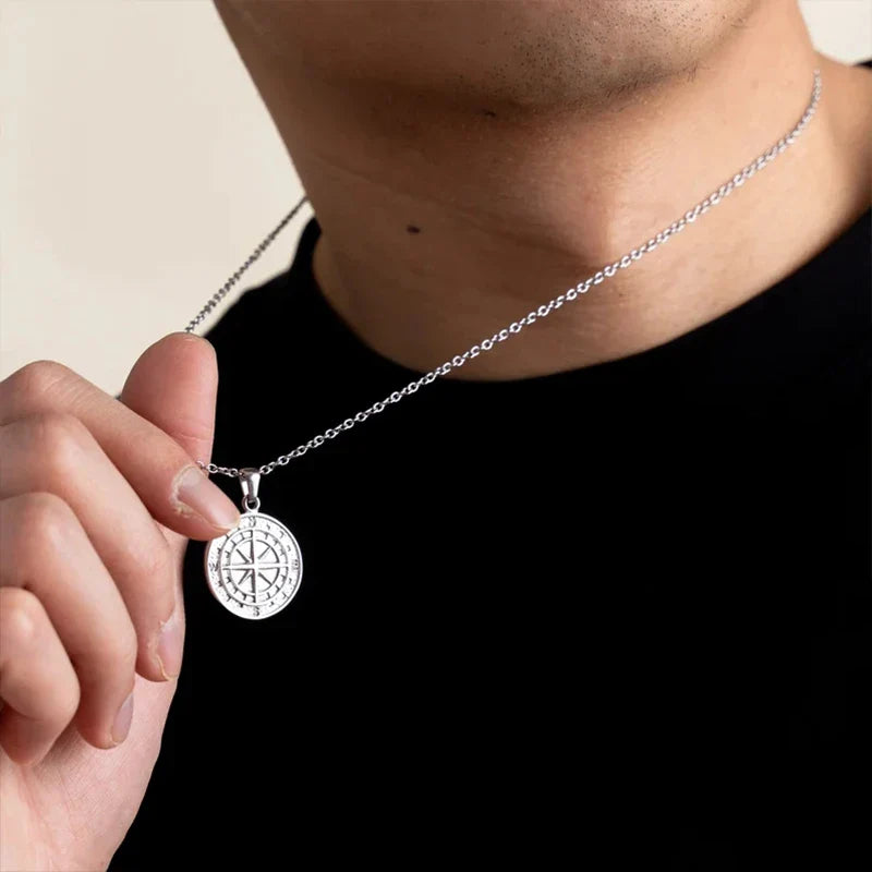 18K Gold Plated Stainless Steel Compass Pendant Necklace - Round Coin Design for Men & Women, Waterproof Unisex Jewelry Gift