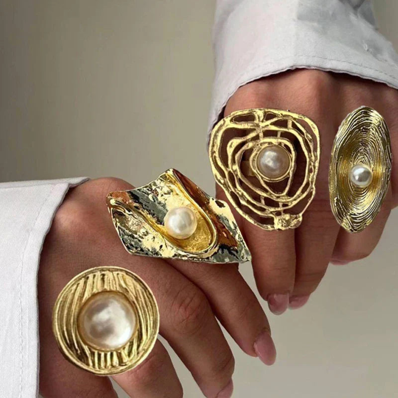 4 Pcs Exaggerated Gold Color Ring Set for Women 2025 Personality Metal Punk Party Big Flower Finger Ring Jewelry Accessories