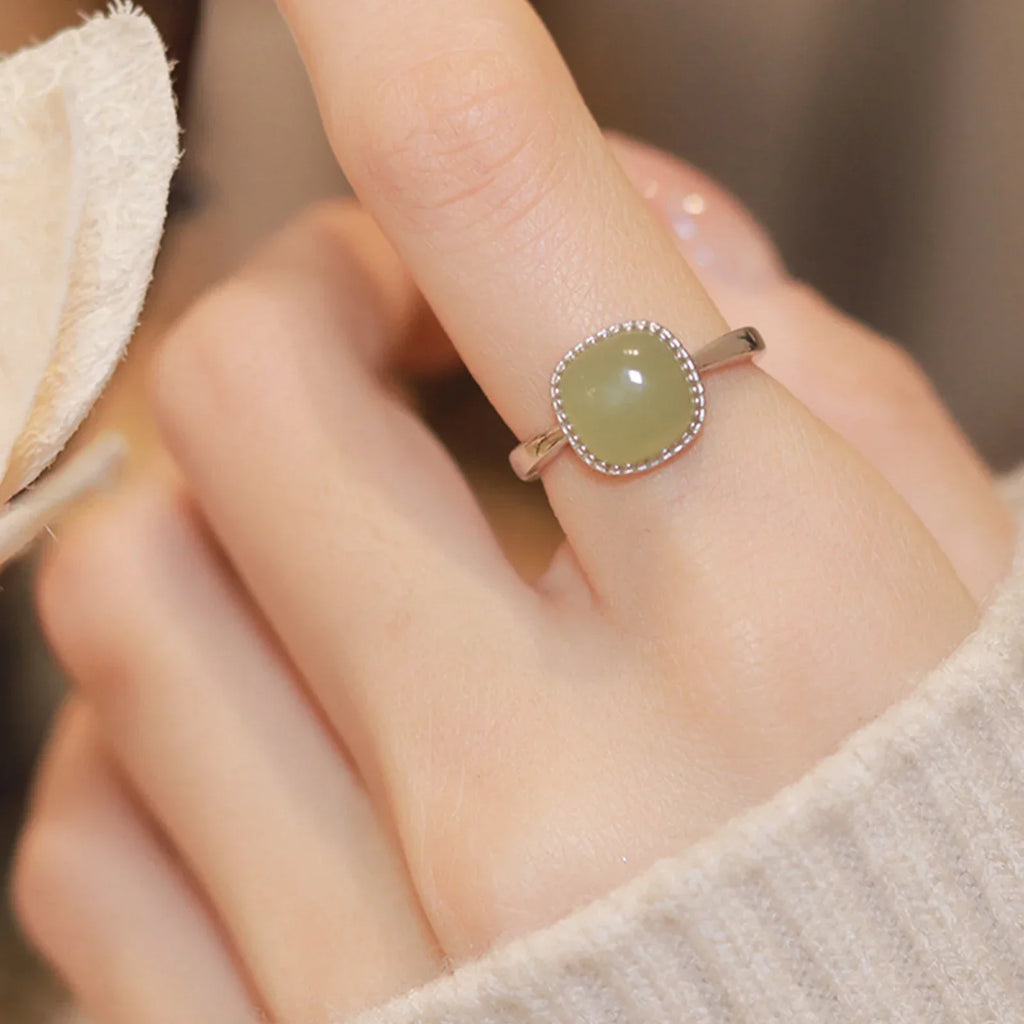 925 Sterling Silver plated Liquid Lava Hetian Jade Bamboo Ring for Women Girl Gift Irregular Vintage Jewelry