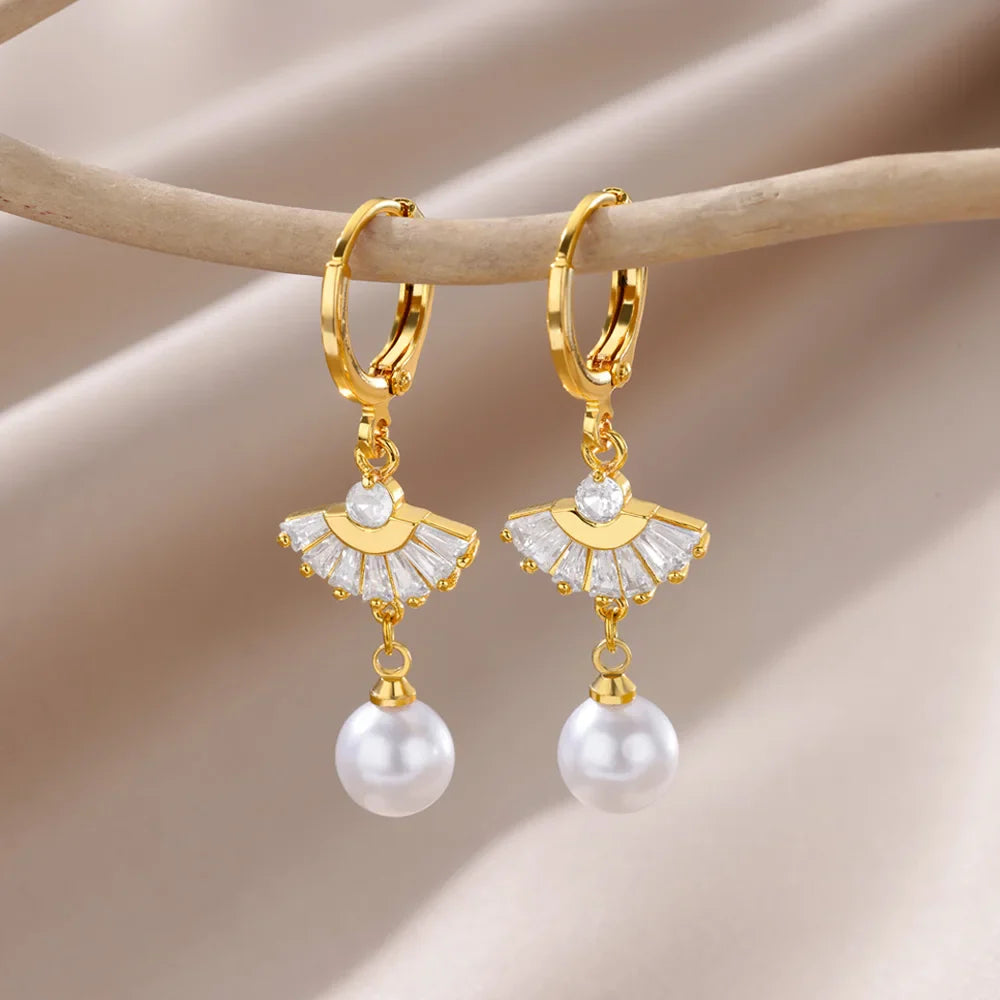 Fashion Circle Imitation Pearl Drop Earrings for Women Gold Color Stainless Steel Round Geometric Hoop Earring Wedding Jewelry