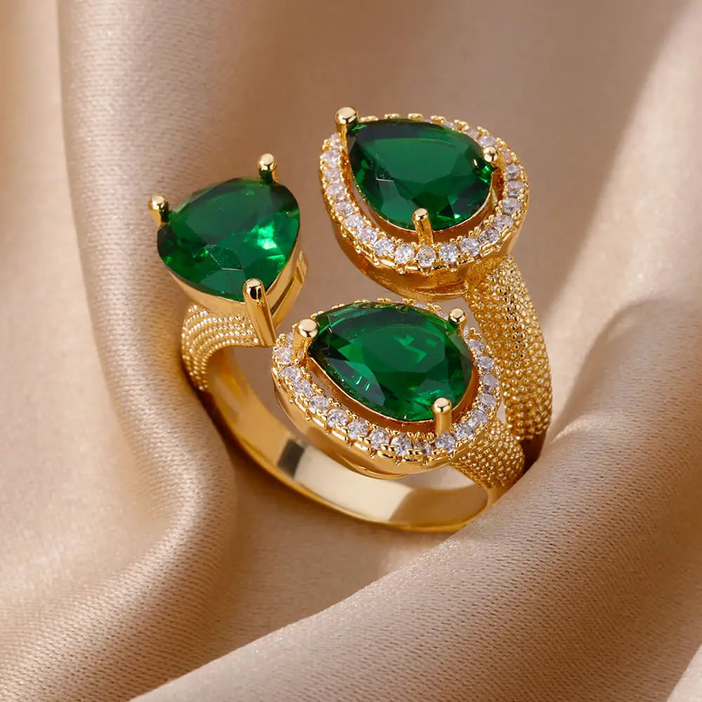 Green Cubic Zircon Heart Rings For Women Vintage Gold Color Stainless Steel Open Ring Fashion Aesthetic Jewelry Wedding Gift