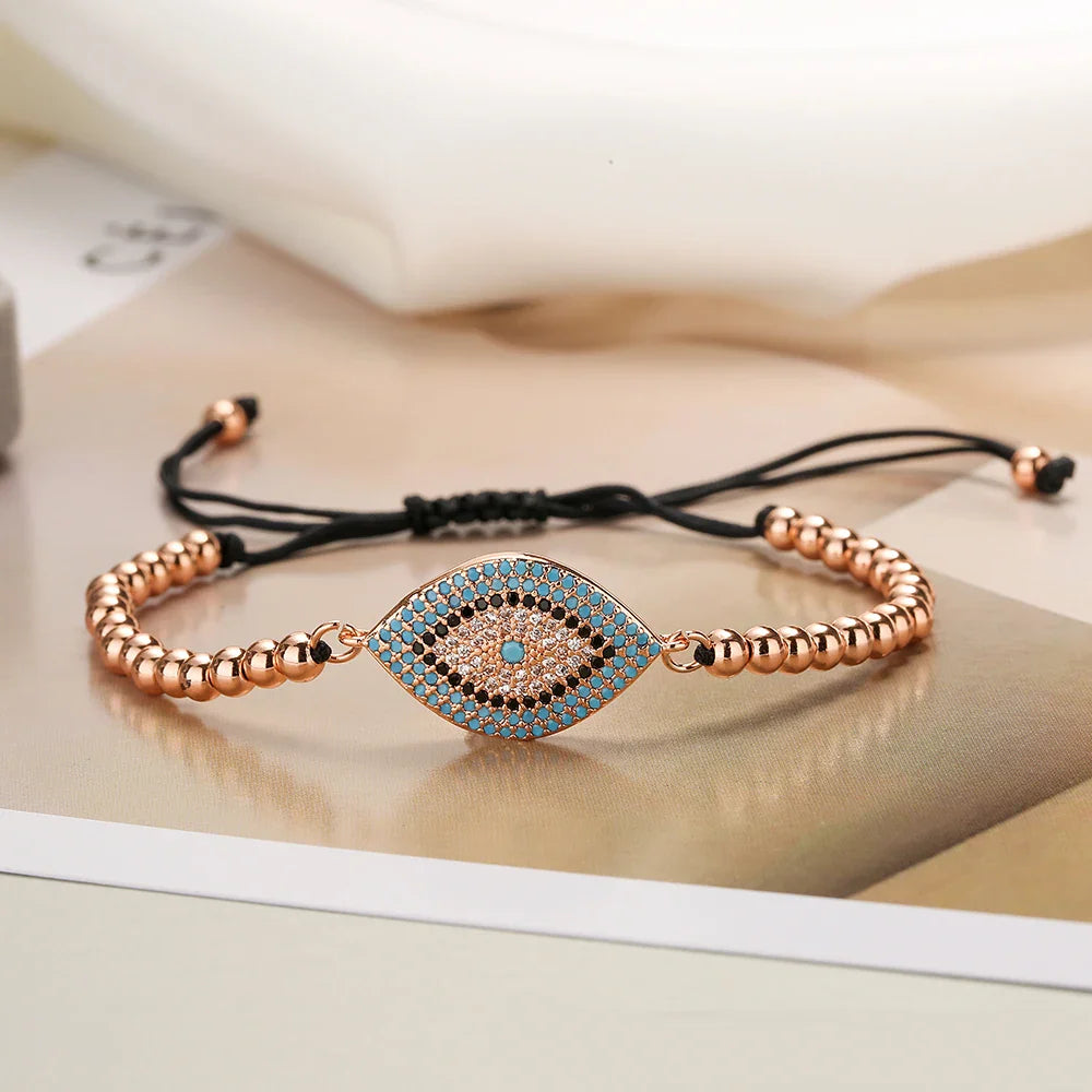 NEWBUY 2023 Fashion Hand Made Black Rope Beads Chain Bracelet Adjustable AAA CZ Zircon Evil Eye Charm Bracelets For Women Girl