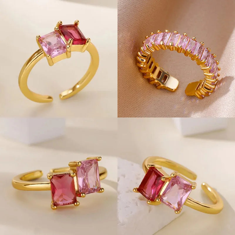 Stainless Steel Zircon Square Ring for Women 18K Gold Plated 2 Colors  Adjustable Ring Hypoallergenic Dainty Trendy Jewelry