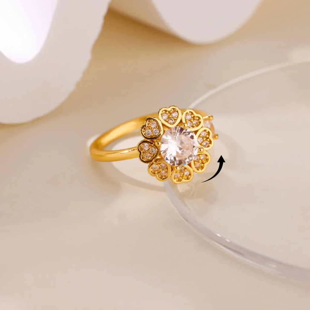 Luxury Zircon Rotable Flower Heart Rings For Women Stainless Steel Gold Color Open Ring 2025 New Fashion Wedding Couple Jewelry