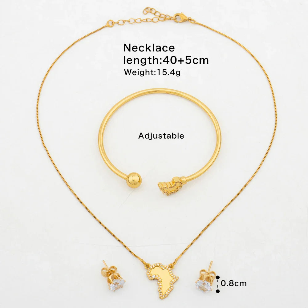 Gold Color Earrings and Necklace Jewelry Set for Party Luxury Zircon Stud Earrings Pendant Necklace Bangle Bride Jewelry Set