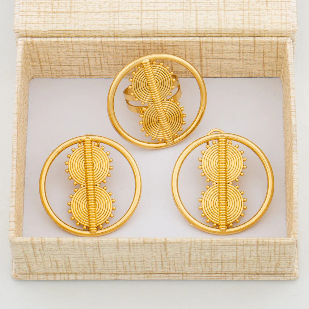 Earrings with Ring Jewelry Set for African 18k Gold Color Clip Earrings Finger Ring 2Pcs Set with Gift Box Luxury Jewelry Bride