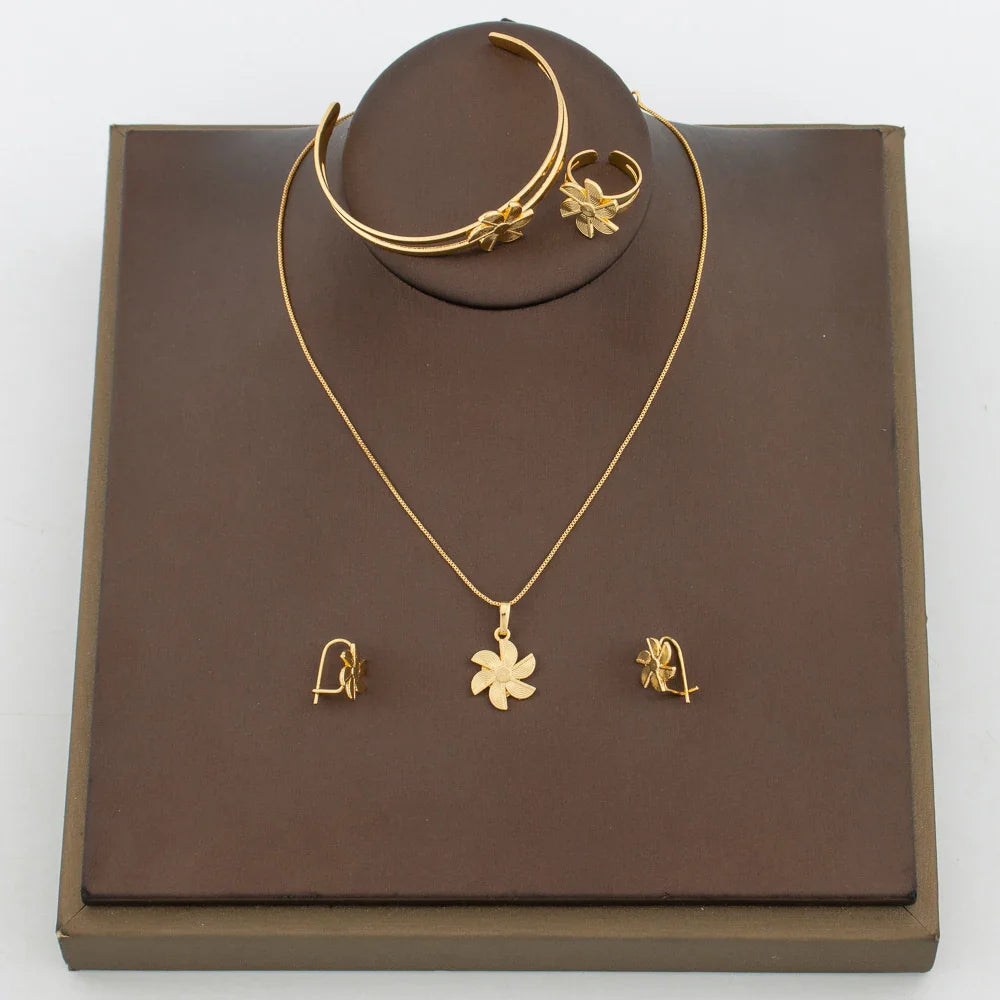 Stylish Girls Jewelry Set for Party Copper Gold Color Necklace and Hoop Earrings and Necklace Bangle Ring Set for Weddings Gifts