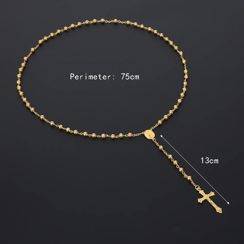 Gold Color Rosary Necklace For Women Men Long 6MM Beads Chain Crucifix Cross Pendant Religious Prayer Party Jewelry Gift