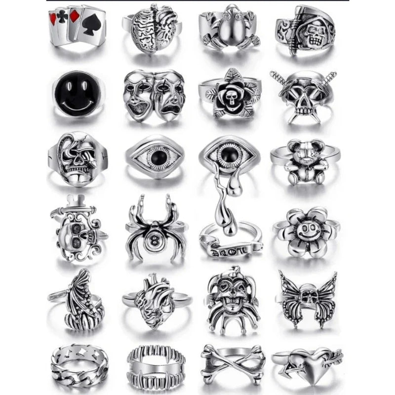 24Pcs Ring Set Alloy Personality Poker Card Smiley Ring Gothic Punk Hip Hop Trend Style Wear Matching Accessories