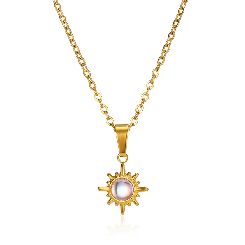 Stainless Steel Sun Sunflower Pendant Necklace For Women Gold Color Round Charm Clavicle Chain Necklaces Fashion Jewelry Gift