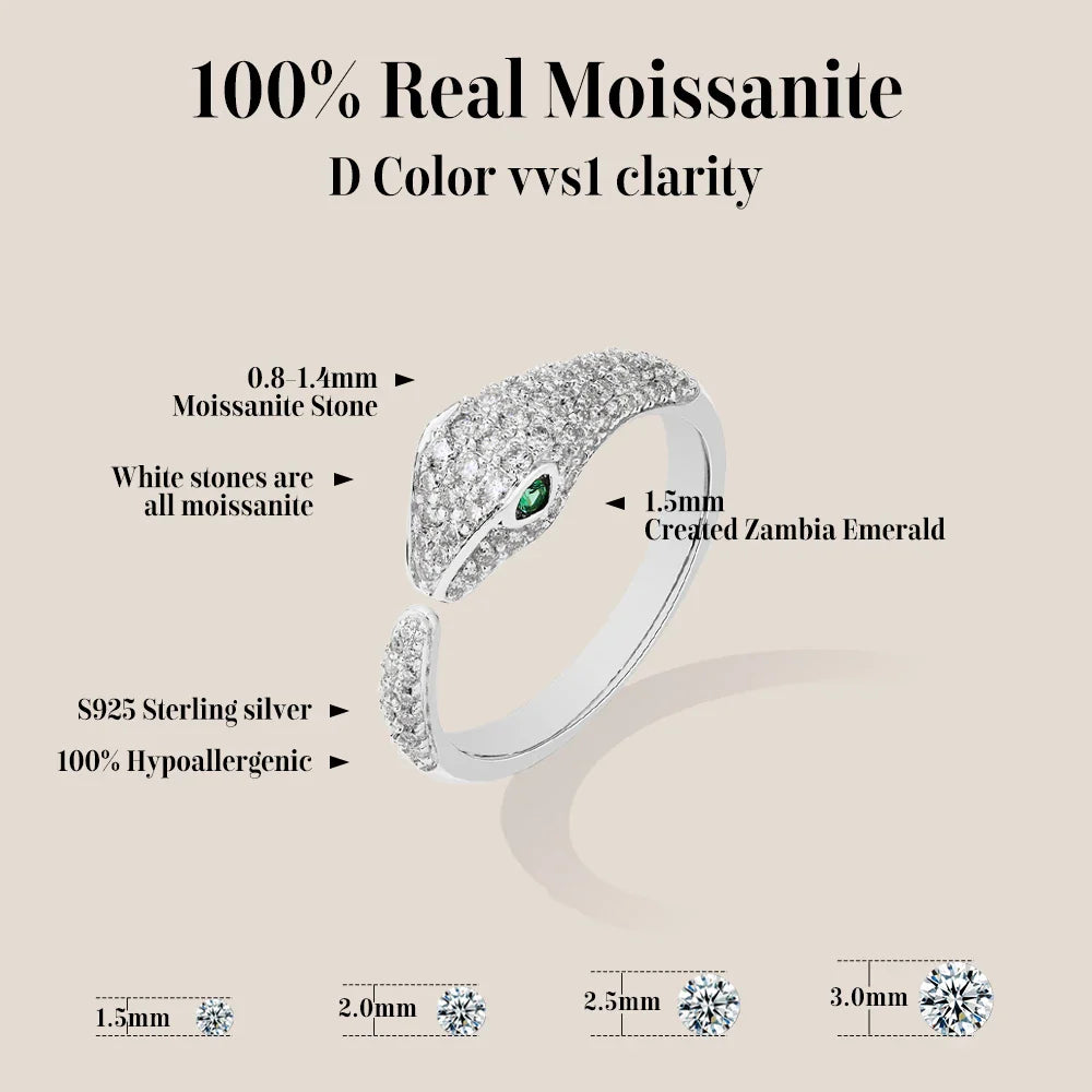 MINTYBOX Snake S925 Silver Moissanite Rings for Women D/VVS1 Lab Diamond Adjustable Ring 18K Gold Plated Luxury Fine Jewelry