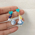 Carton Fairy Tale Princess Alice Asymmetry Earrings Imitation Pearl Blue Heart Dangle Earrings Cute Girls Enamel Earrings