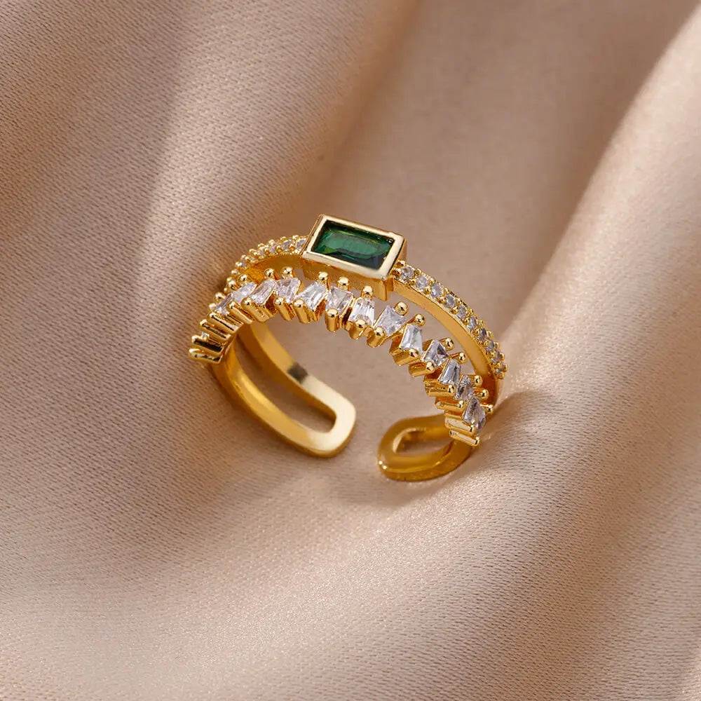 Gold Color Cubic Zircon Rings For Women Open Stainless Steel Green Luxury Crystal Finger Ring Boho Jewelry Wedding Party Gift