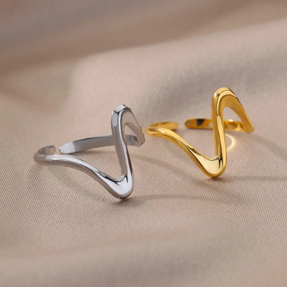 Vintage Geometric Wave Rings For Women Stainless Steel Gold Color Adjustable Ring Aesthetic Wedding Jewelry Gift Free Shipping