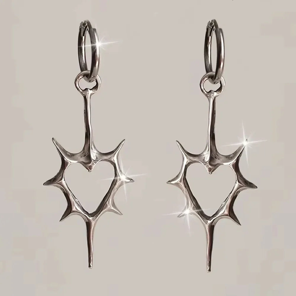2pcs Punk Rock Hollow Thorns Love Heart Pendant Hoop Earrings for Women Men, Lover Fashion Cool Rivets Spike Earings Jewelry