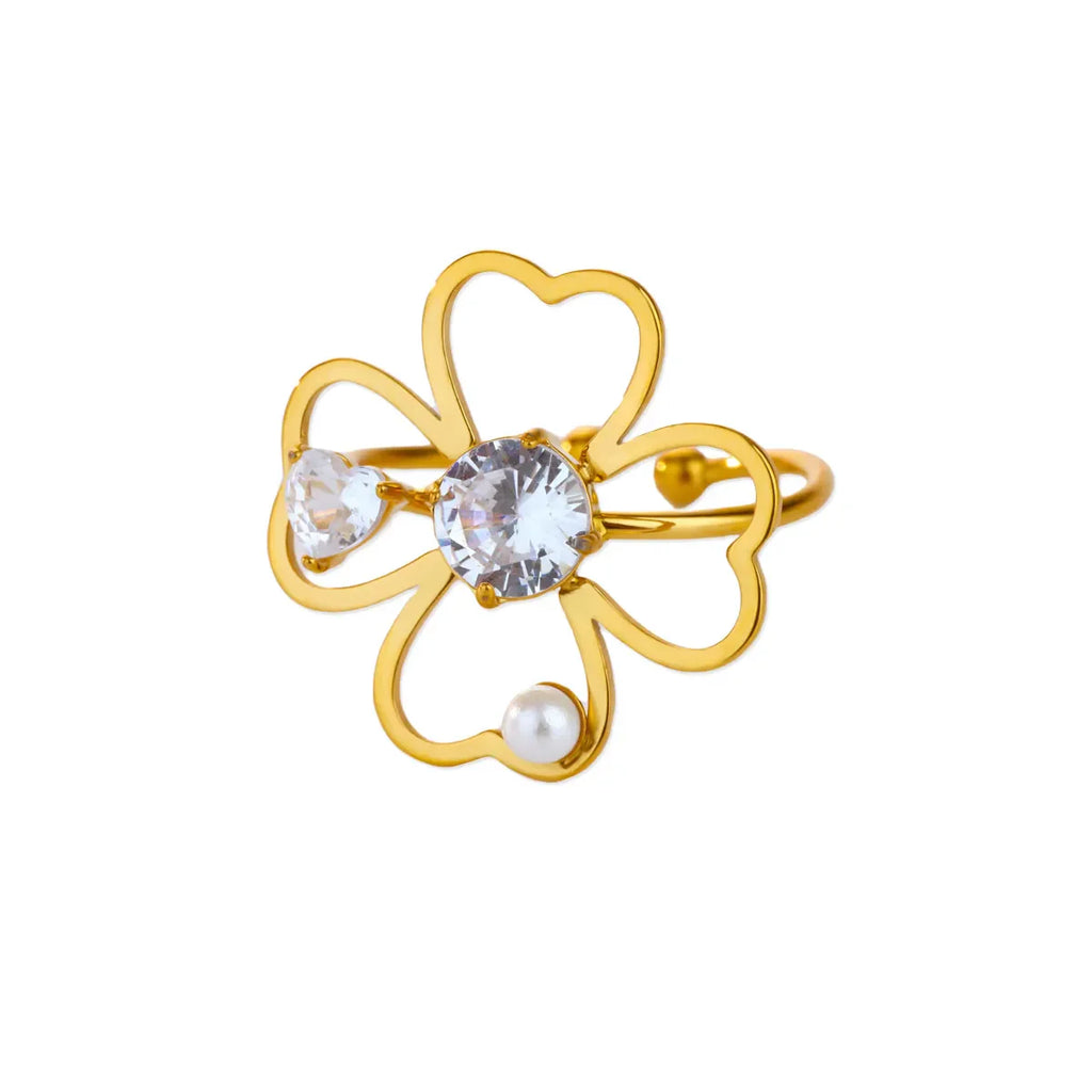 Stainless Steel Four Leaf Clover Rings For Women Gold Color Zircon Opening Couple Ring Aesthetic Wedding Bohemian Jewelry Gift